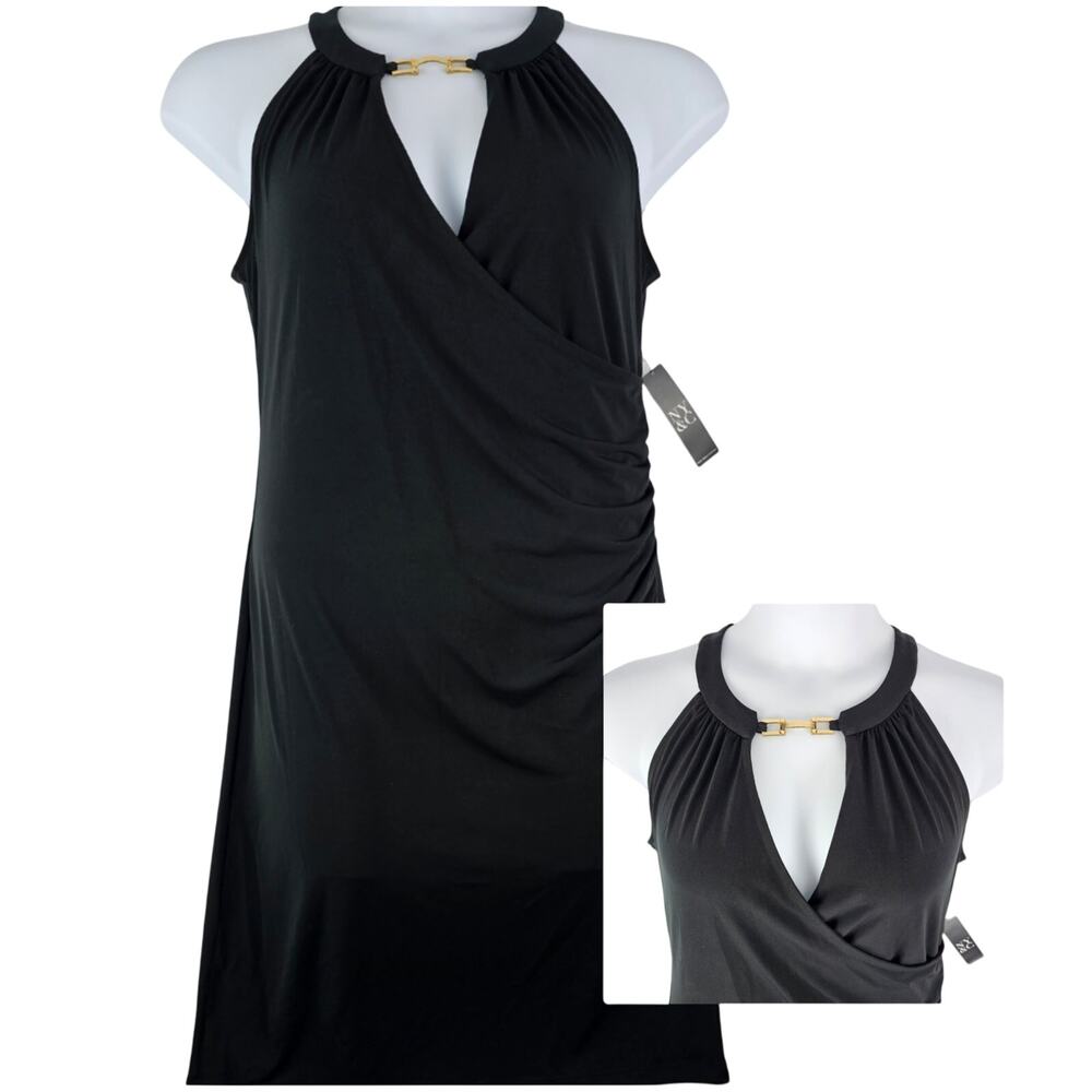 Womens Black Dress Medium V Neck Midi New York & Co LBD NEW Retail 49.95